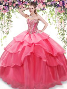 Luxurious Floor Length Coral Red Sweet 16 Quinceanera Dress Organza Sleeveless Beading and Ruffled Layers
