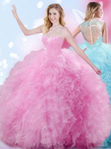 Best Selling Rose Pink Ball Gowns High-neck Sleeveless Tulle Floor Length Zipper Beading and Ruffles and Pick Ups Vestidos de Quinceanera