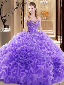 Lavender Fabric With Rolling Flowers Lace Up Sweetheart Sleeveless Quince Ball Gowns Court Train Embroidery and Ruffles and Pick Ups