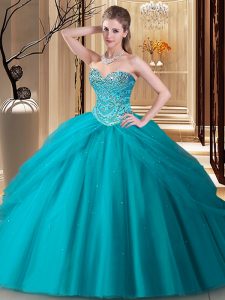 Colorful Sweetheart Sleeveless Quinceanera Dress Floor Length Beading Teal Tulle