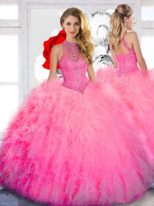 Attractive Baby Pink Ball Gowns Tulle High-neck Sleeveless Beading Floor Length Lace Up Ball Gown Prom Dress