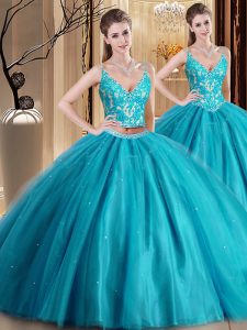 Sexy Teal Spaghetti Straps Lace Up Beading and Lace and Appliques Sweet 16 Quinceanera Dress Sleeveless