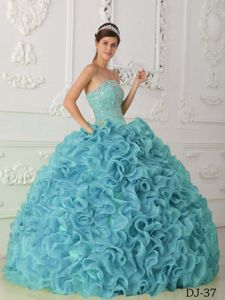 Albany WA Blue Ball Gown Beading Quinceanera Dress with Curls Skirt