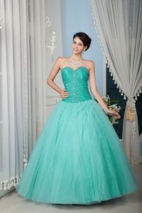 Ruched Turquoise Sweetheart A-line Beading Dress For Quinceanera