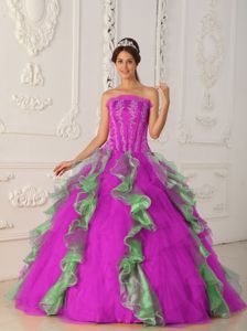 Beaded Hot Pink and Green Quinceanera Gown Dress with Appliques