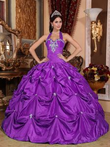 Purple Taffeta Appliques for Quince Dresses in Centre Halter Top Design