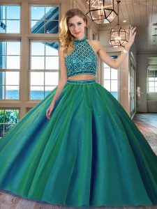 Halter Top Sleeveless Tulle Brush Train Backless Ball Gown Prom Dress in Dark Green with Beading