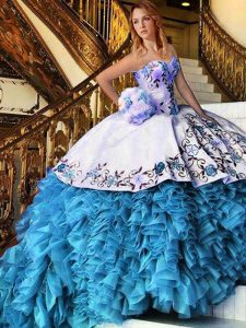 Baby Blue Ball Gowns Organza Sweetheart Sleeveless Appliques and Embroidery and Ruffles Floor Length Lace Up 15th Birthday Dress