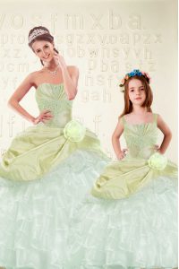 Organza and Taffeta Sweetheart Sleeveless Lace Up Beading and Ruffled Layers and Hand Made Flower Quinceanera Gown in Yellow Green
