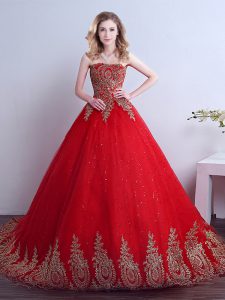 Chic Appliques and Sequins 15th Birthday Dress Red Lace Up Sleeveless Court Train