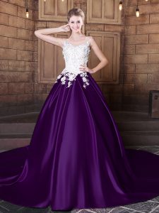 Inexpensive Dark Purple Ball Gowns Scoop Sleeveless Elastic Woven Satin With Train Court Train Lace Up Lace and Appliques Ball Gown Prom Dress