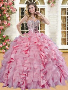 Sexy Pink Organza and Taffeta Lace Up Sweet 16 Dress Sleeveless Floor Length Beading and Ruffles