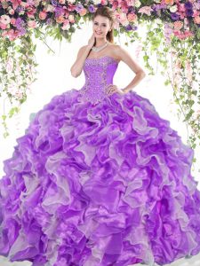 White And Purple Lace Up Sweetheart Beading and Ruffles 15 Quinceanera Dress Organza Sleeveless