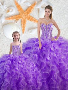 Gorgeous Purple Sweetheart Neckline Beading and Ruffles Quinceanera Gowns Sleeveless Lace Up