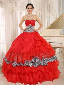 Zebra Red Sweetheart Quinces Dresses in Akron Ruffles and Beading Accent